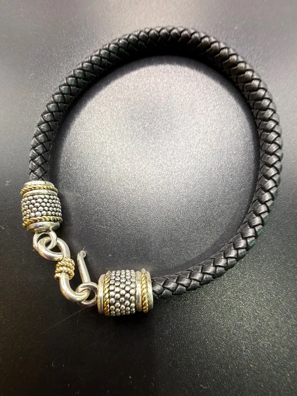 14K 925 STERLING SILVER LEATHER BRAIDED BRACELET UNISEX BLACK EDGY BIKER